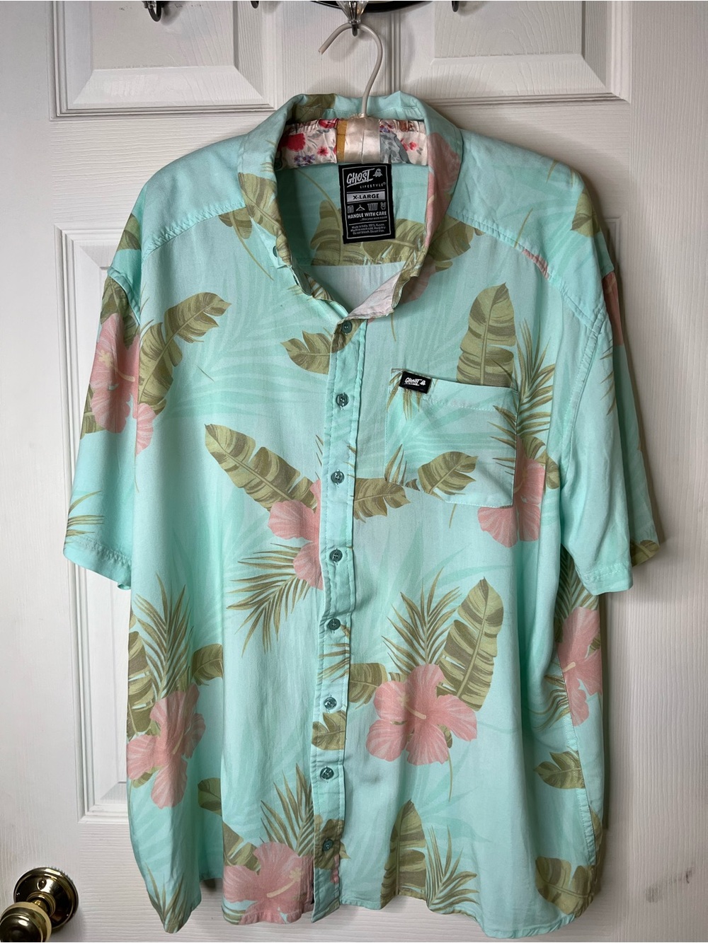 Ghost Lifestyle Men's XL Tropical Botanical Floral Button-Up Shirt Light Blue